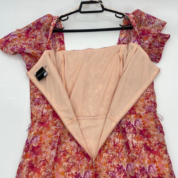 MAISON TARA Dress Size 12 Pink Floral Chiffon Square Neck Midi Maxi Cottage - Picture 7 of 9